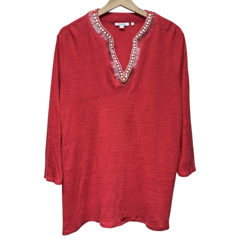 Chicos Women 100% Linen Top‎ Sz 3 XL Beaded V-Neck Red 3/4 Sleeve Coastal Resort